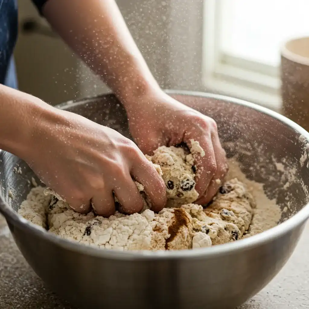 Hands kneading cinnamon raisin dough in a metal mixing bowl with flour and raisins visible.