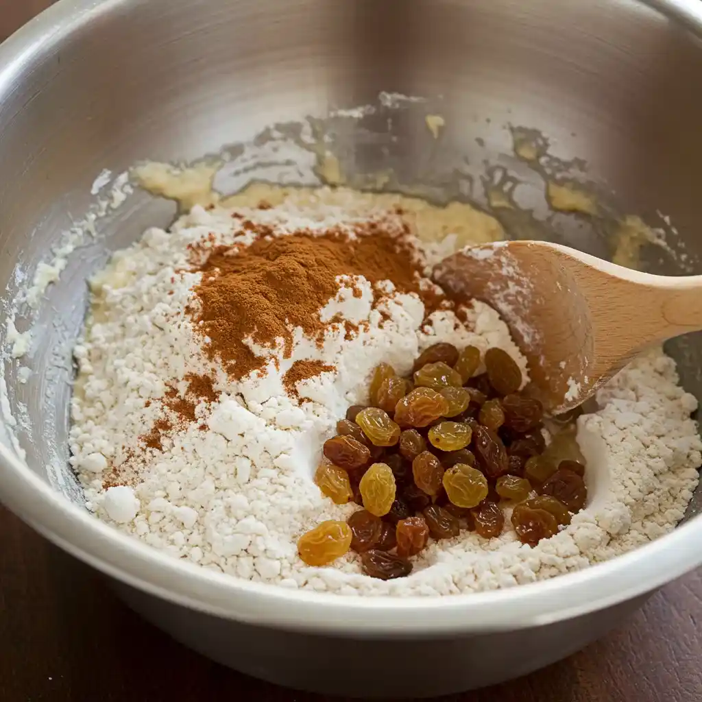 Mixing bowl with flour, ground cinnamon, and golden raisins, ready to be stirred with a wooden spoon.