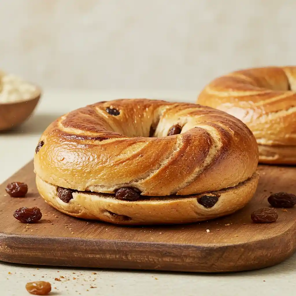 Freshly baked cinnamon raisin bagel with a glossy, golden crust resting on a wooden board.